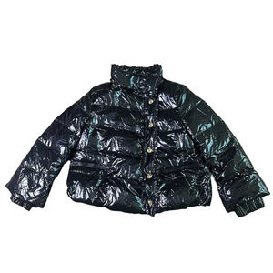 Duvetica Black Patent Real Down Coat Jacket Snap-Down Ruffle Rare Size Small 38